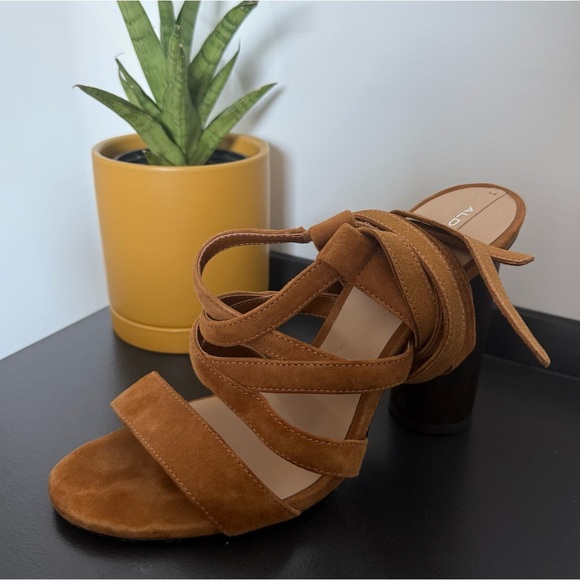 Aldo camel brown suede strappy lace up Exerila block heel sandals - size 10 - Picture 6 of 8